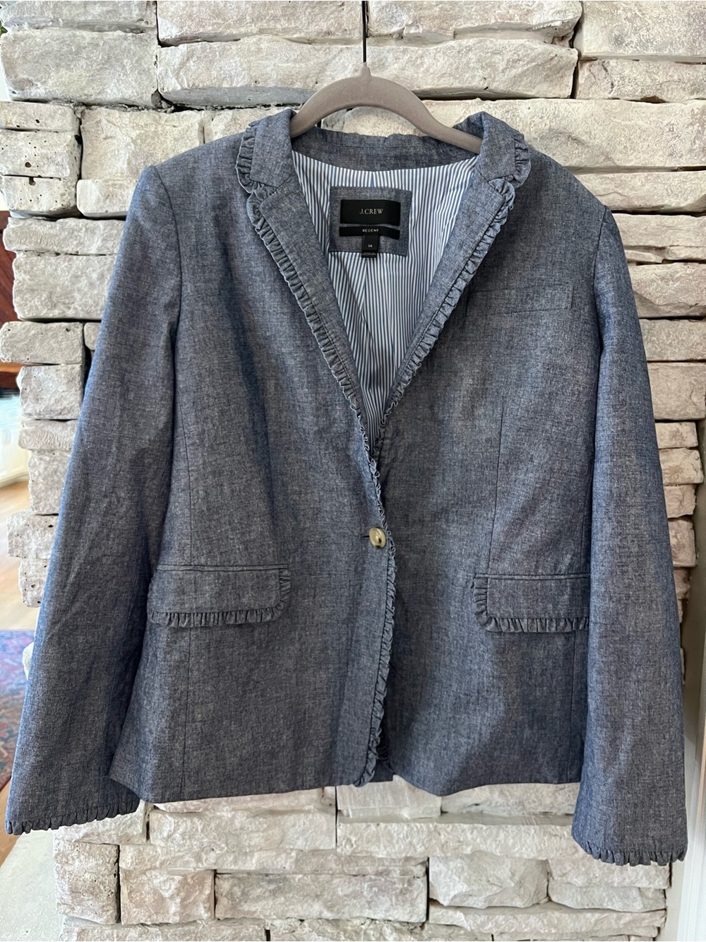 J. Crew Chambray 100% Cotton Ruffle-Trim Blazer Size 14